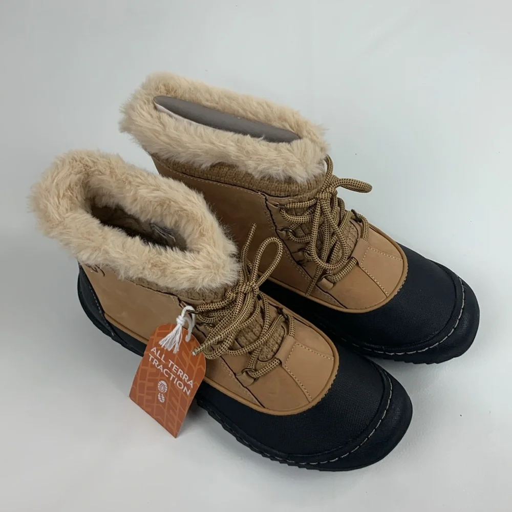 JBU BY JAMBU All terrain boots 9.5 Leather Faux fur Mem foam Tan black NEW NWT
